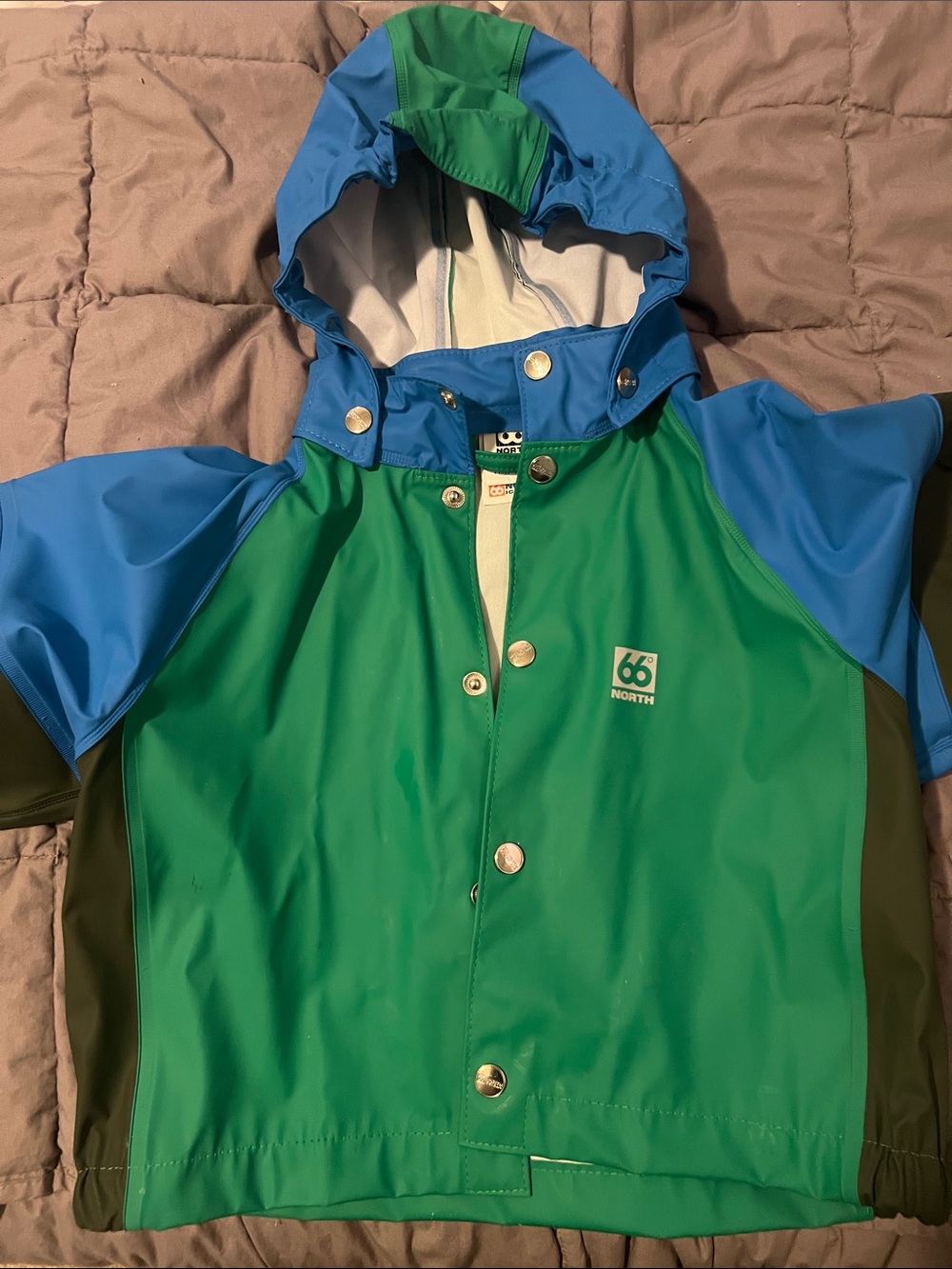 66°North Kids Waterproof Hooded Rain Jacket in Green & Blue